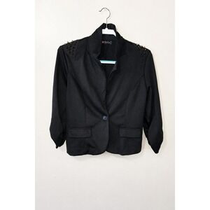 BodyC Black Studded Shoulder Blazer Cropped Ruched 3/4 Sleeve Jacket Edgy Gothic